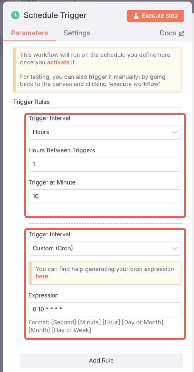 n8n schedule trigger config