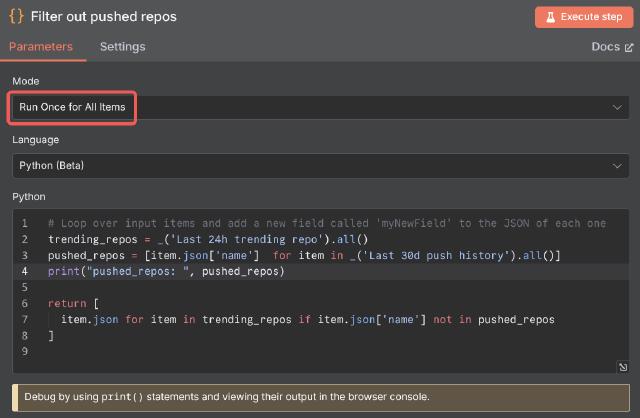 n8n node: Filter out pushed repos